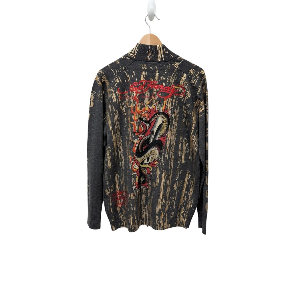 NWT Ed Hardy Charcoal/Gold Born Free Cardigan Sweater Wool Men's Size L‎